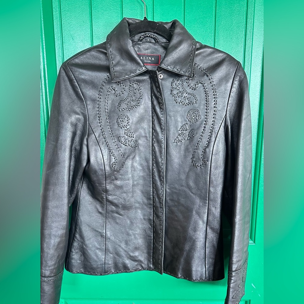 Y2K Black Leather Jacket with embroidered design